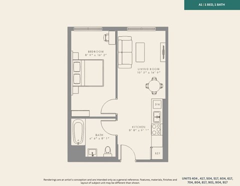 Floor plan for 1 bed, 1 bath, 508 sqft